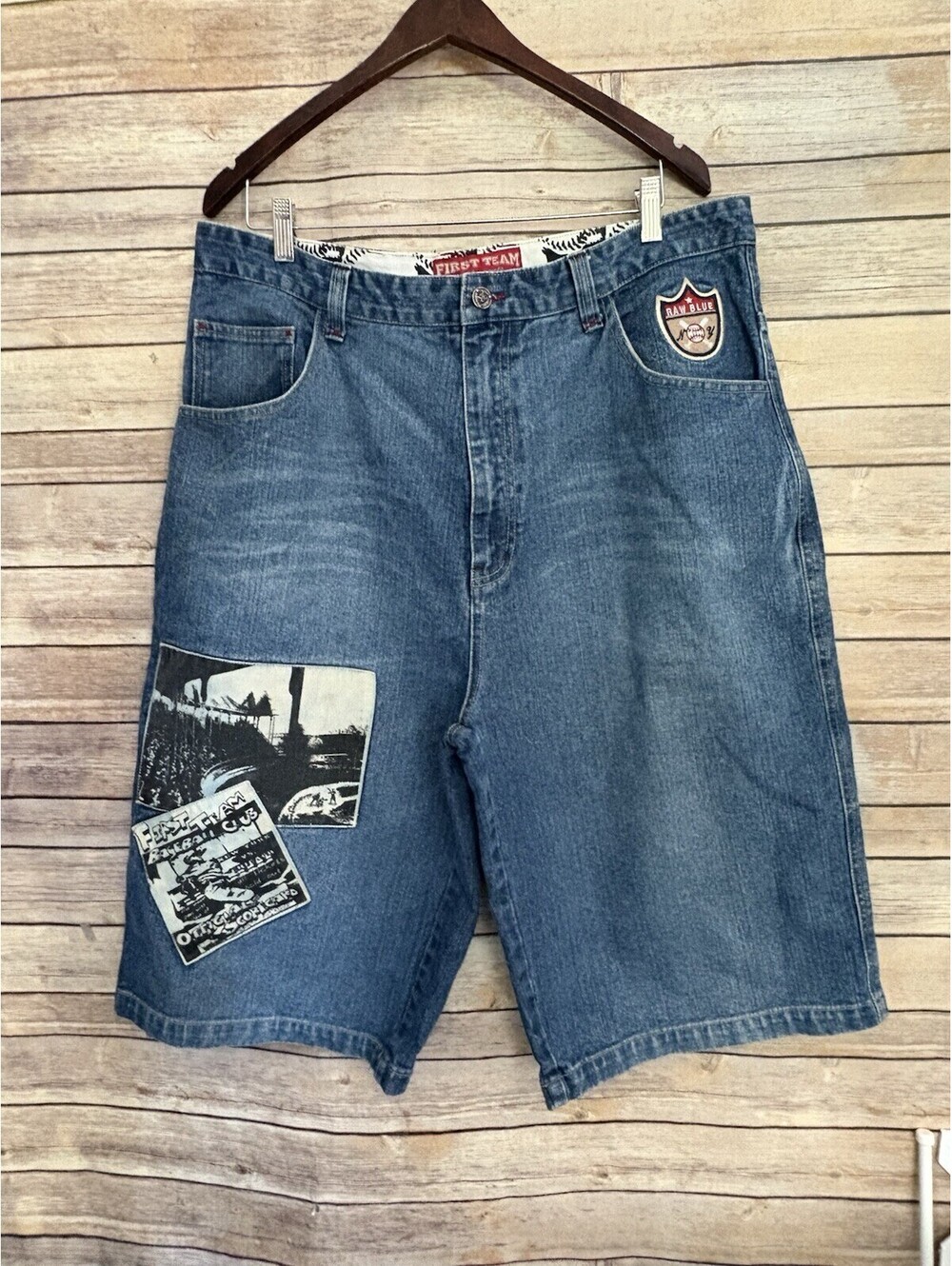 VTG RAW BLUE FIRST TEAM EMBROIDERED JEAN Shorts 38  BASEBALL CLUB Y2K HIP HOP